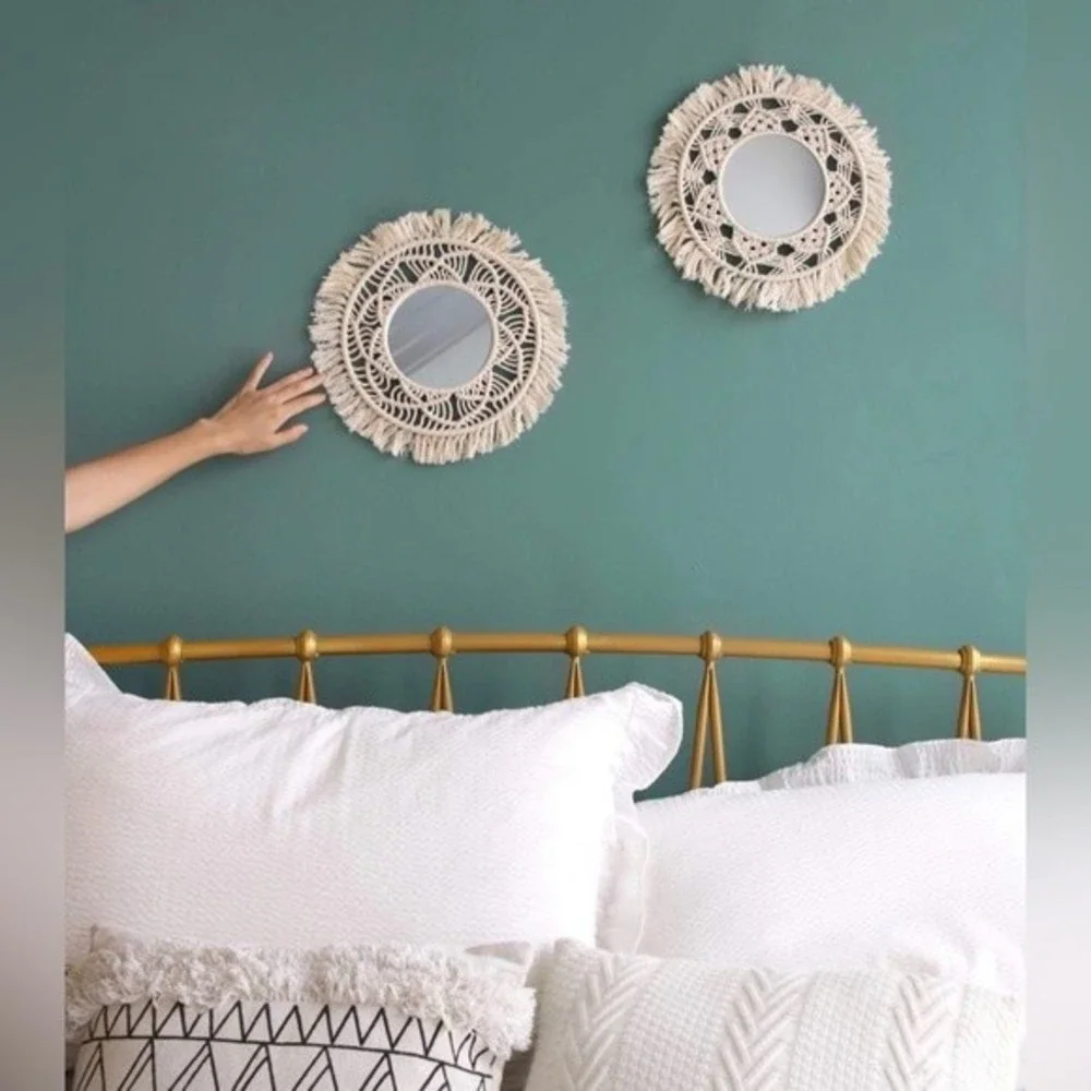 (2) Boho Hanging Wall Mirrors Macrame Fringe Wall Decor